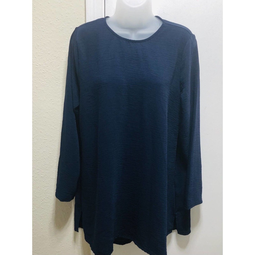 REFKA Woman Sz 8 Navy Blue Shift Dress Shirt Long Sleeve Beach Cover Up Mini F2